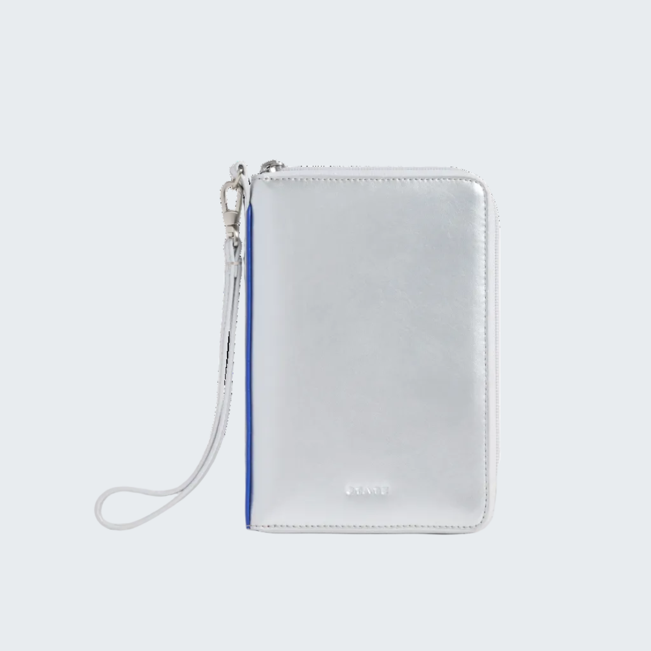 A silver metallic zip-around wallet with a wrist strap, featuring a thin blue vertical stripe on the left side and a small embossed logo near the bottom, set against a plain white background.