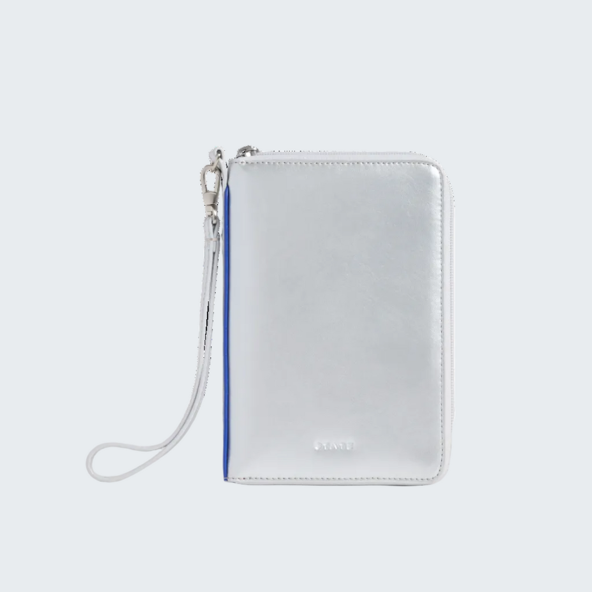 A silver metallic zip-around wallet with a wrist strap, featuring a thin blue vertical stripe on the left side and a small embossed logo near the bottom, set against a plain white background.