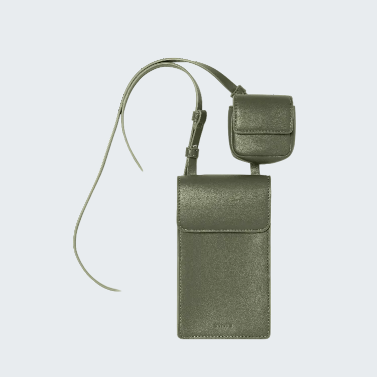 An olive green leather crossbody phone pouch with a matching small pouch and adjustable strap, displayed on a clean white background.