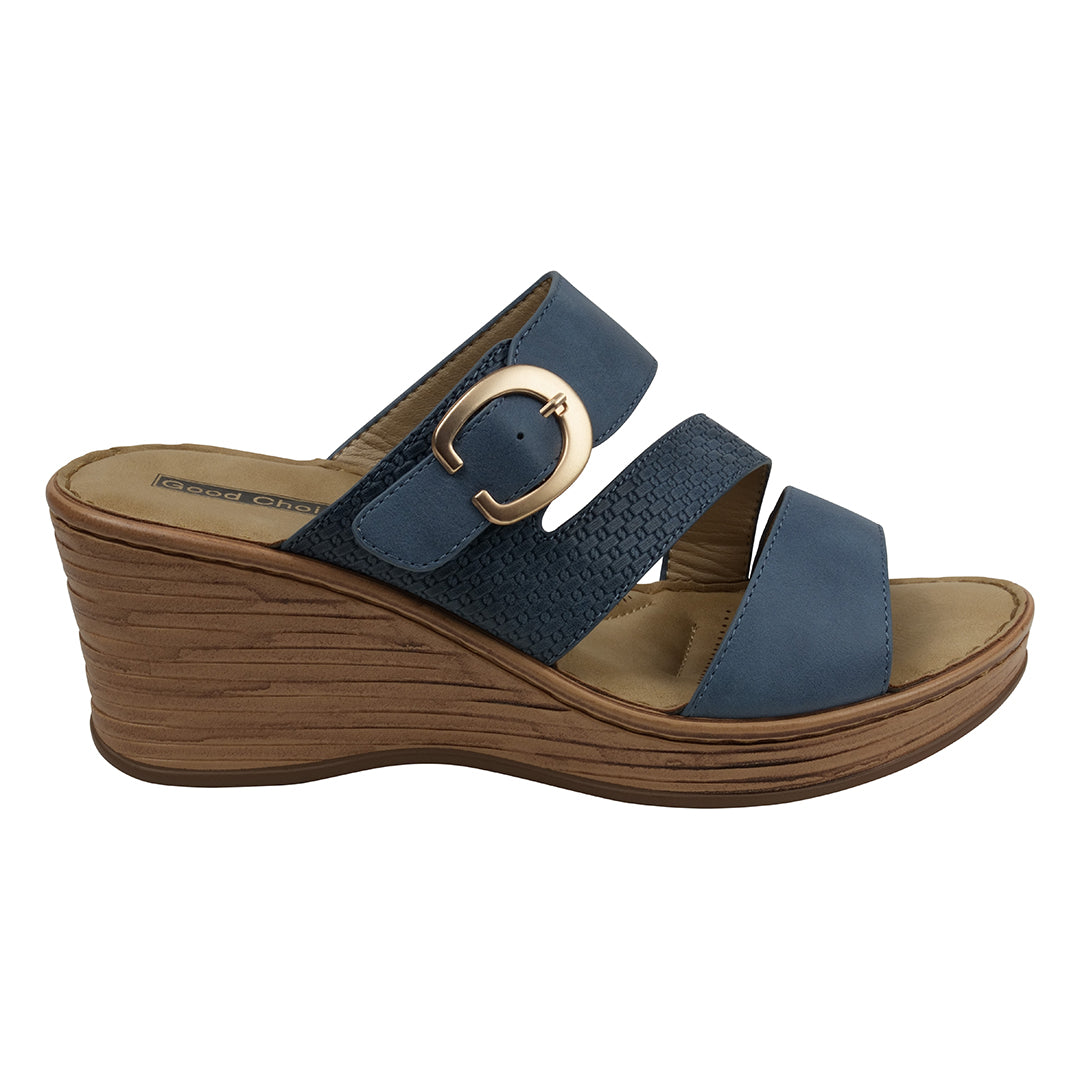 Blue wedge sandal with a gold buckle on a white background
