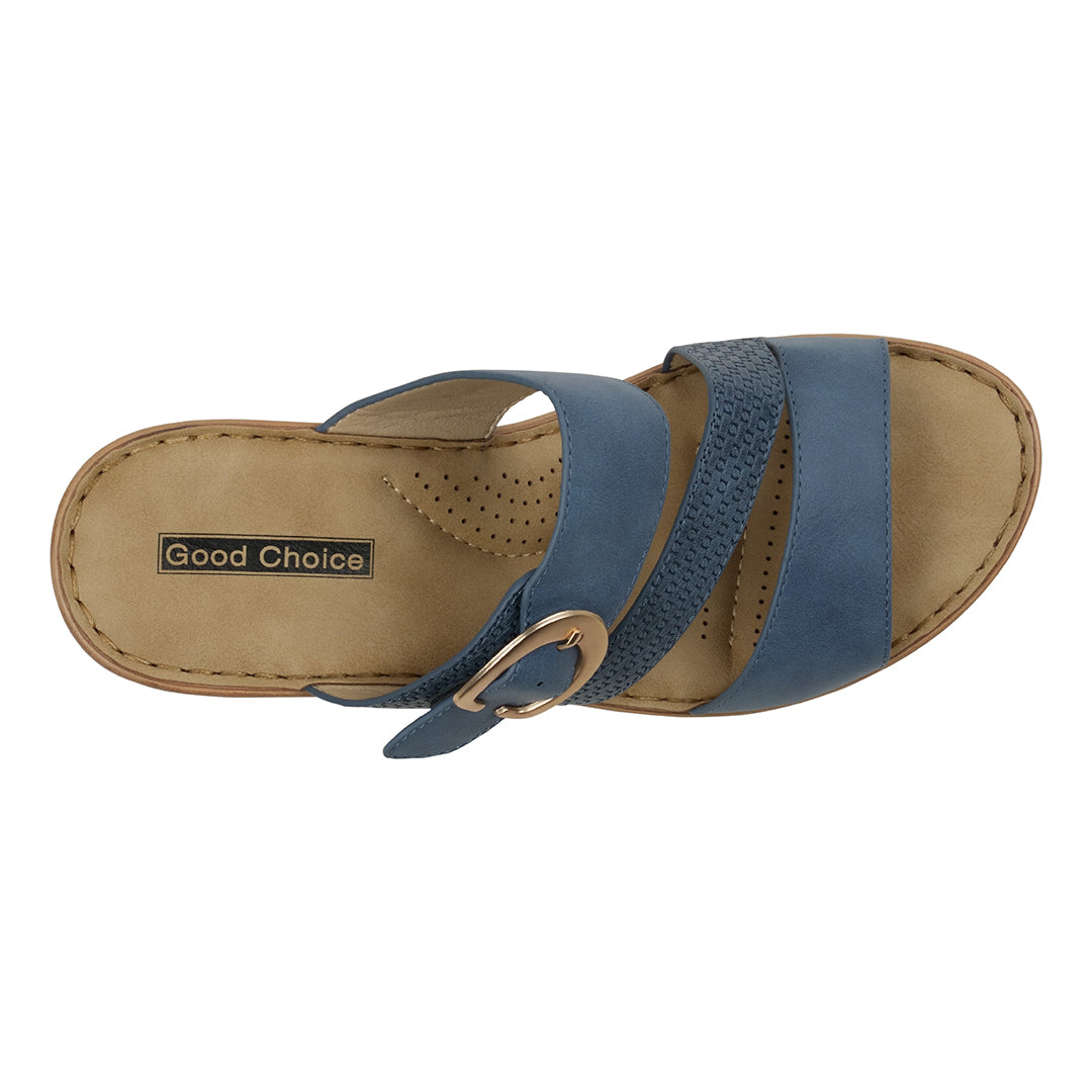 Blue sandal with a brown sole on a white background