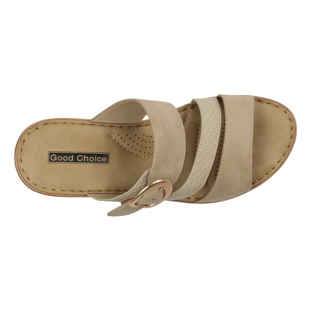 Beige sandal with 'Good Choice' label on a white background