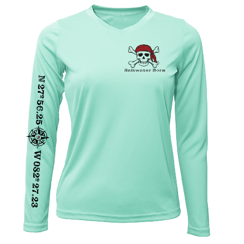 Mint green long-sleeve shirt with a skull and crossbones design and text on a white background