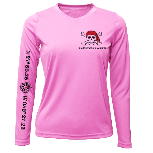 Pink long-sleeve shirt with a skull and crossbones design and text on a white background