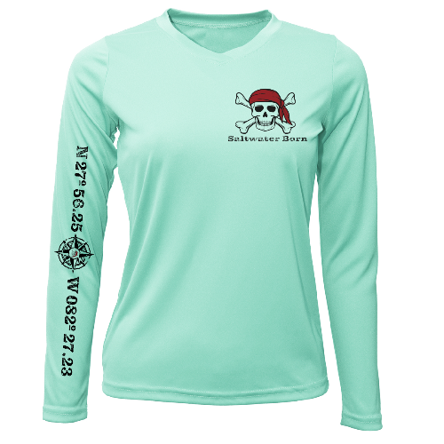 Mint green long-sleeve shirt with skull and crossbones design and text on a white background