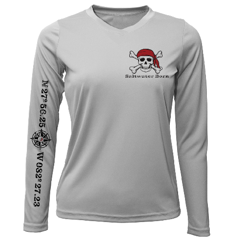 Gray long-sleeve shirt with a skull and crossbones design and 'Saltwater Born' text on a white background.