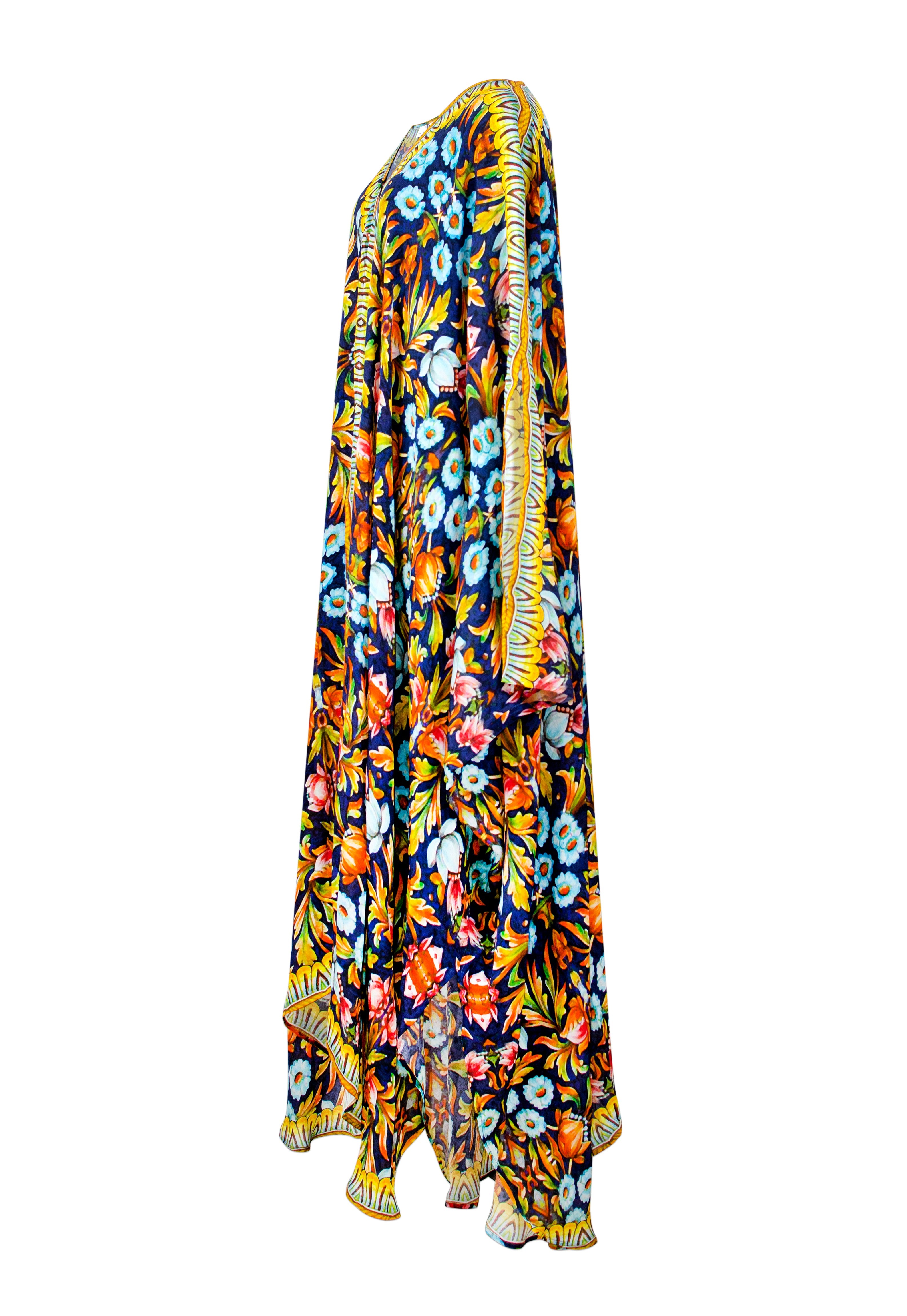 Colorful floral-patterned scarf on a white background