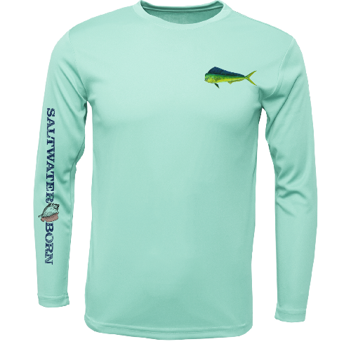 Light blue long-sleeve shirt with fish design and 'Saltwater Born' text on a white background