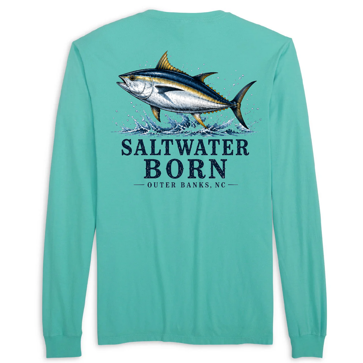 A long-sleeve t-shirt in a vibrant turquoise color, shown from the back. The back features a large graphic print of a jumping tuna fish above the text 'SALTWATER BORN' and 'OUTER BANKS, NC'.