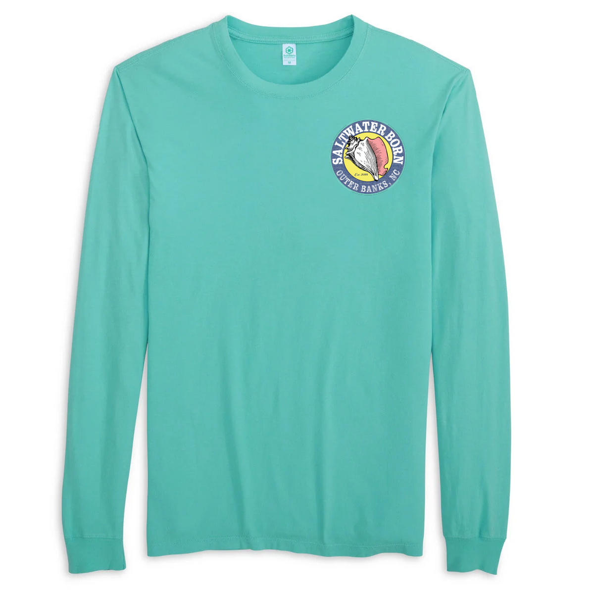 A long-sleeve crewneck t-shirt in a vibrant turquoise color, featuring a circular 'Salt Water Dog Winter Basketball' graphic on the left chest, displayed on a clean white background.