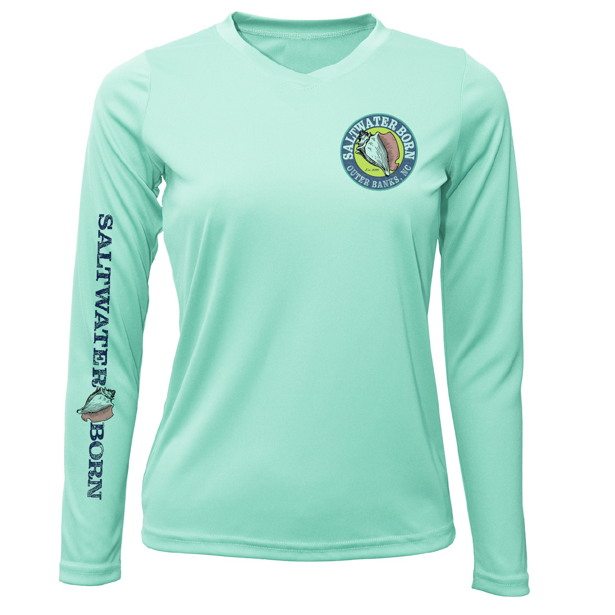 A mint green long-sleeve V-neck performance shirt with a circular 'Salton Fish Co.' logo on the left chest and 'SALTWATER BORN' printed vertically on the right sleeve.