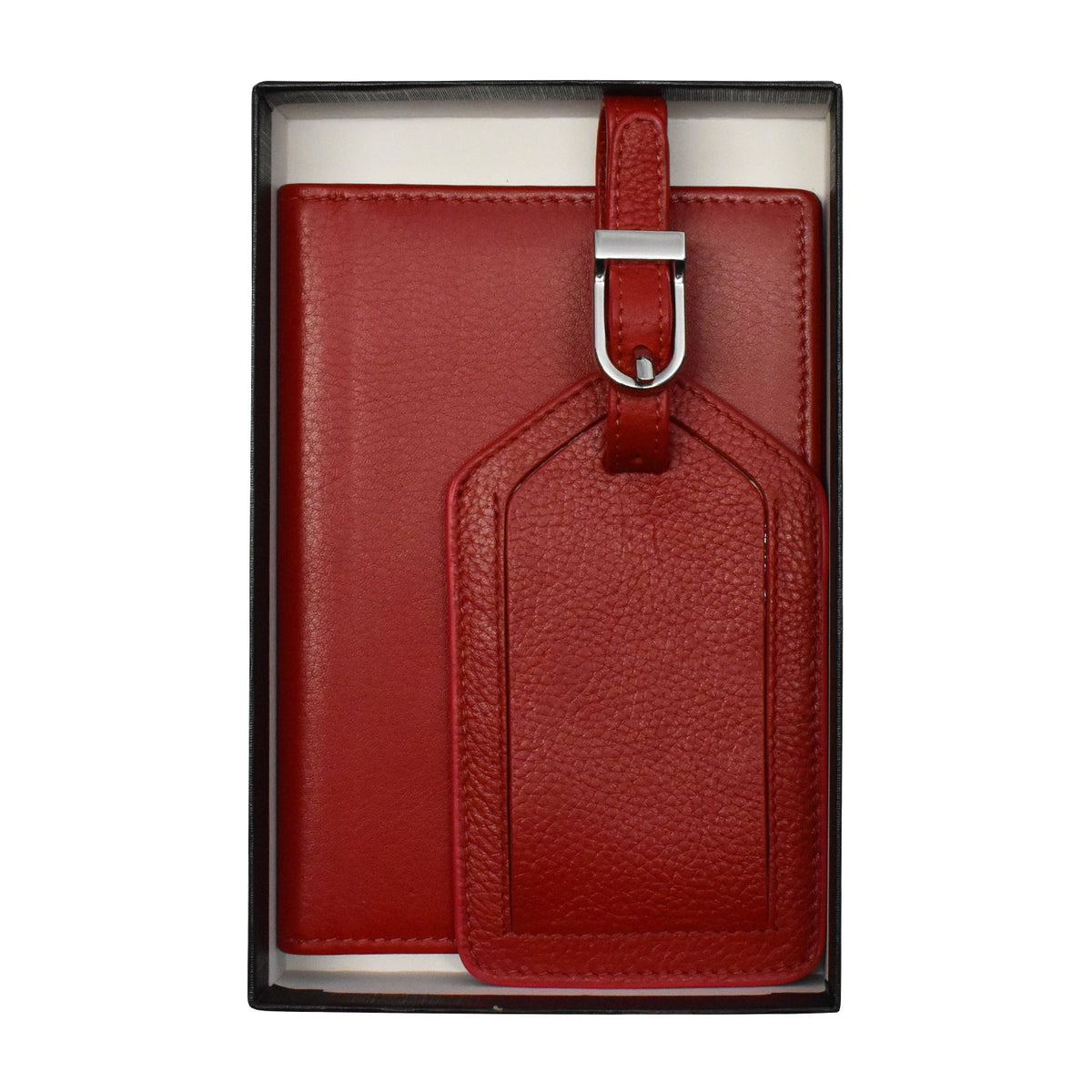 Red leather luggage tag with a silver buckle in a black box on a white background