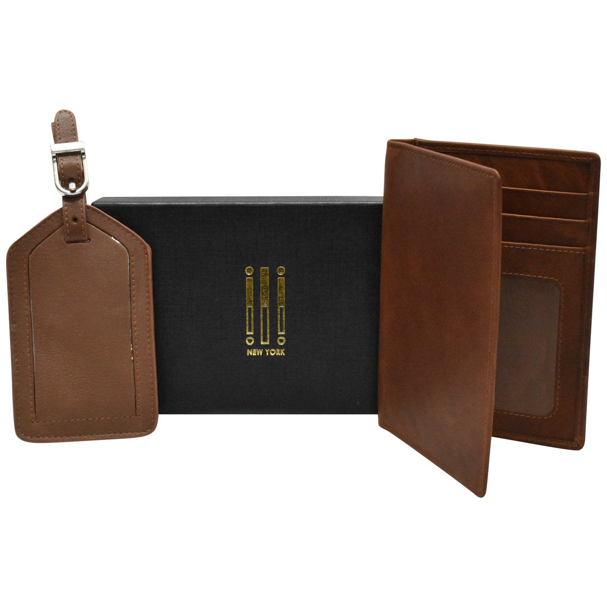Brown leather wallet and luggage tag set with a black box in the background