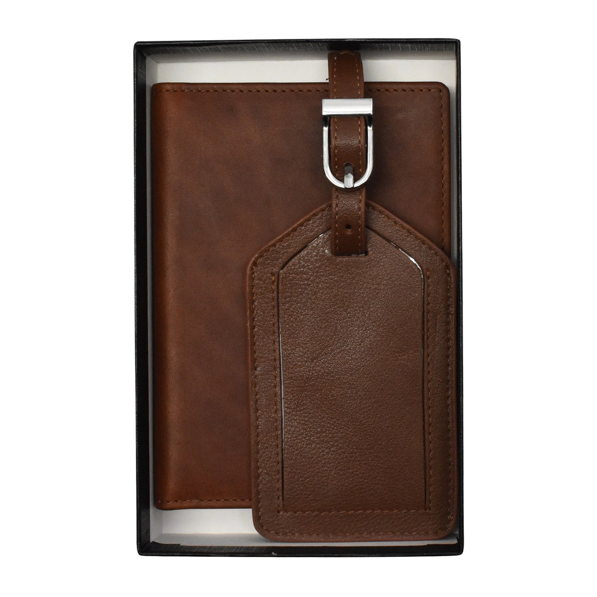 Brown leather travel wallet with a tag in a black box on a white background