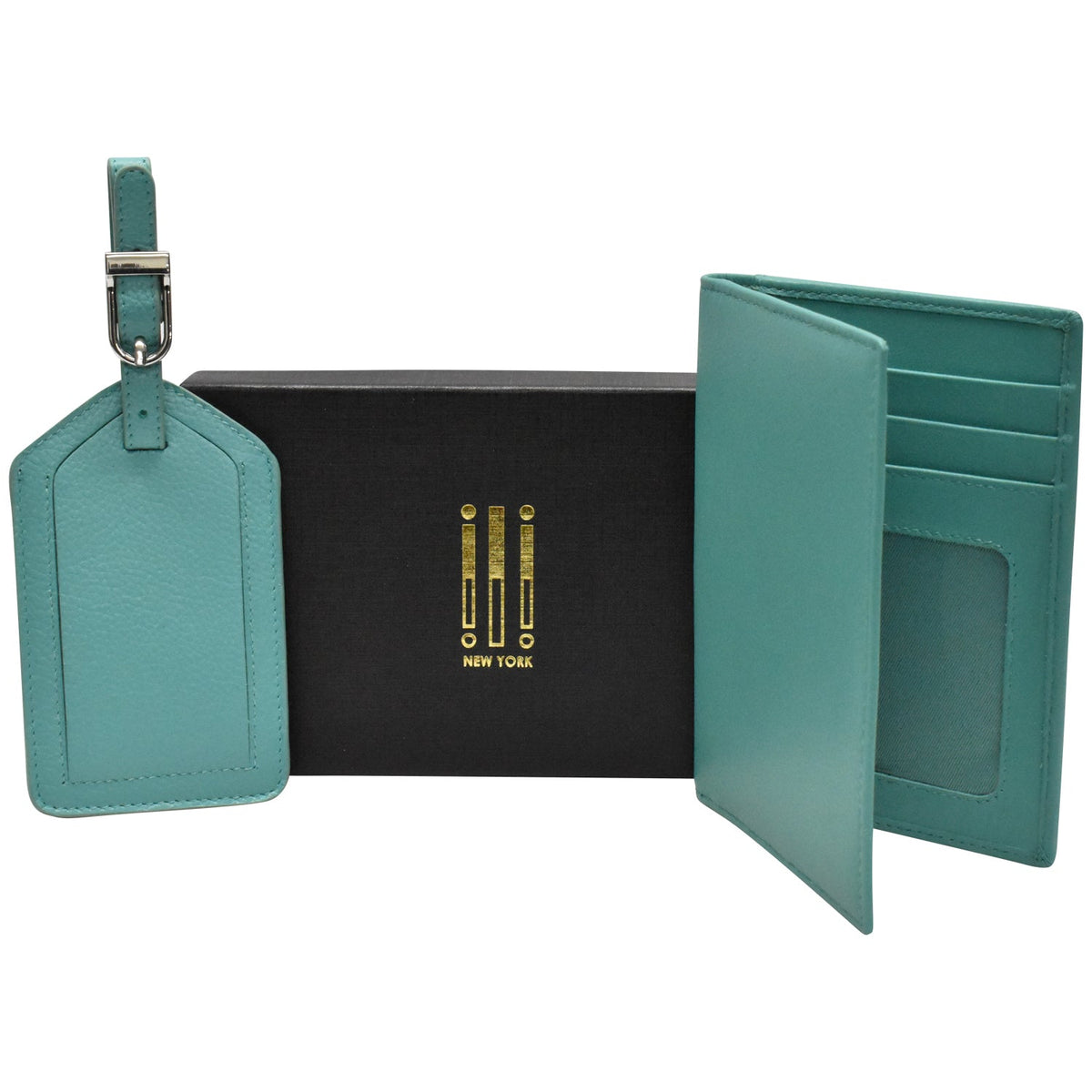 Teal leather wallet and luggage tag set with a black box labeled 'New York' on a white background.