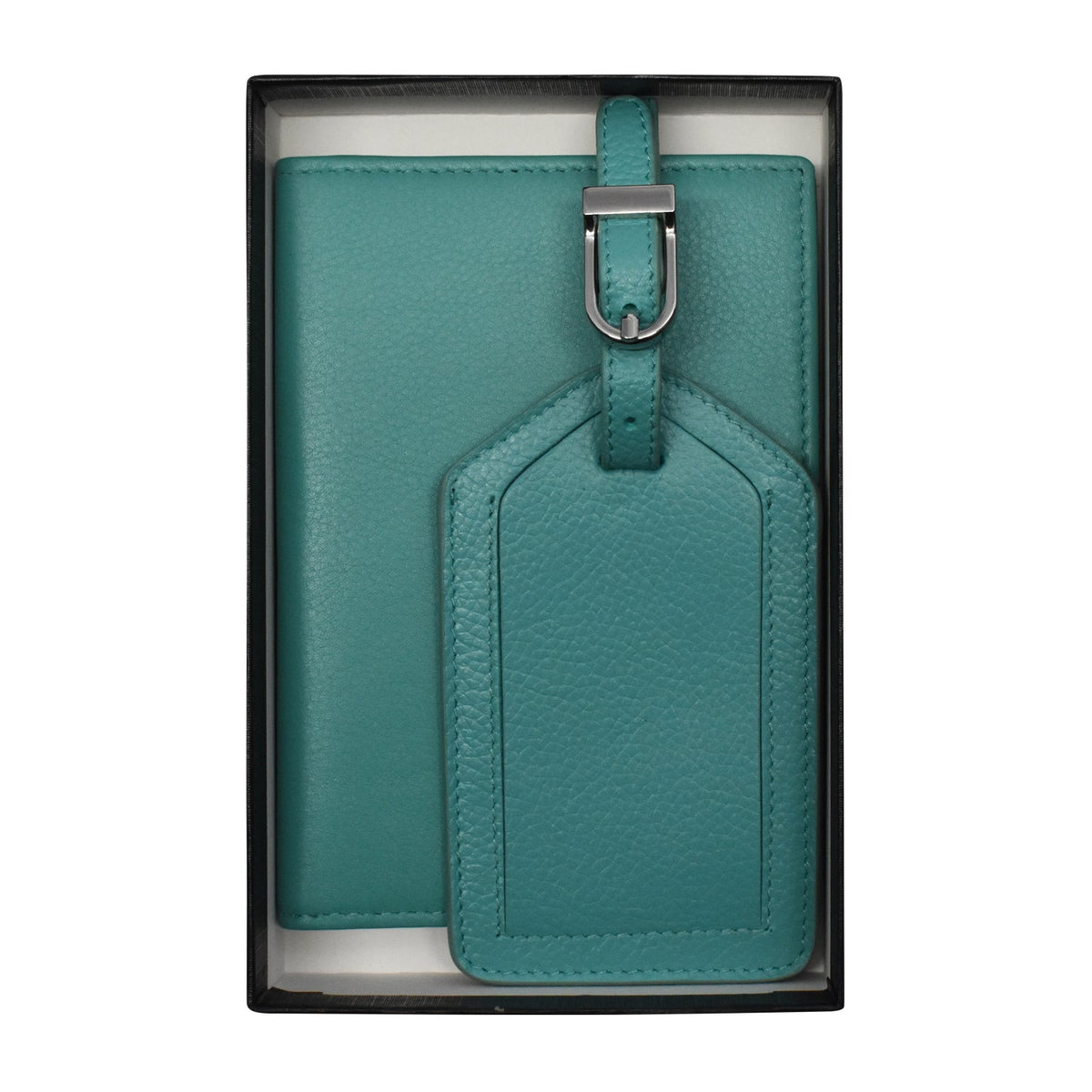Teal leather wallet and luggage tag set in a black box on a white background
