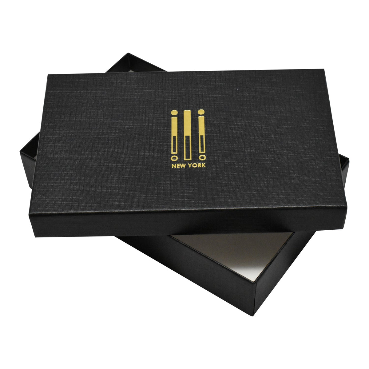 Black box with gold logo and text on a white background
