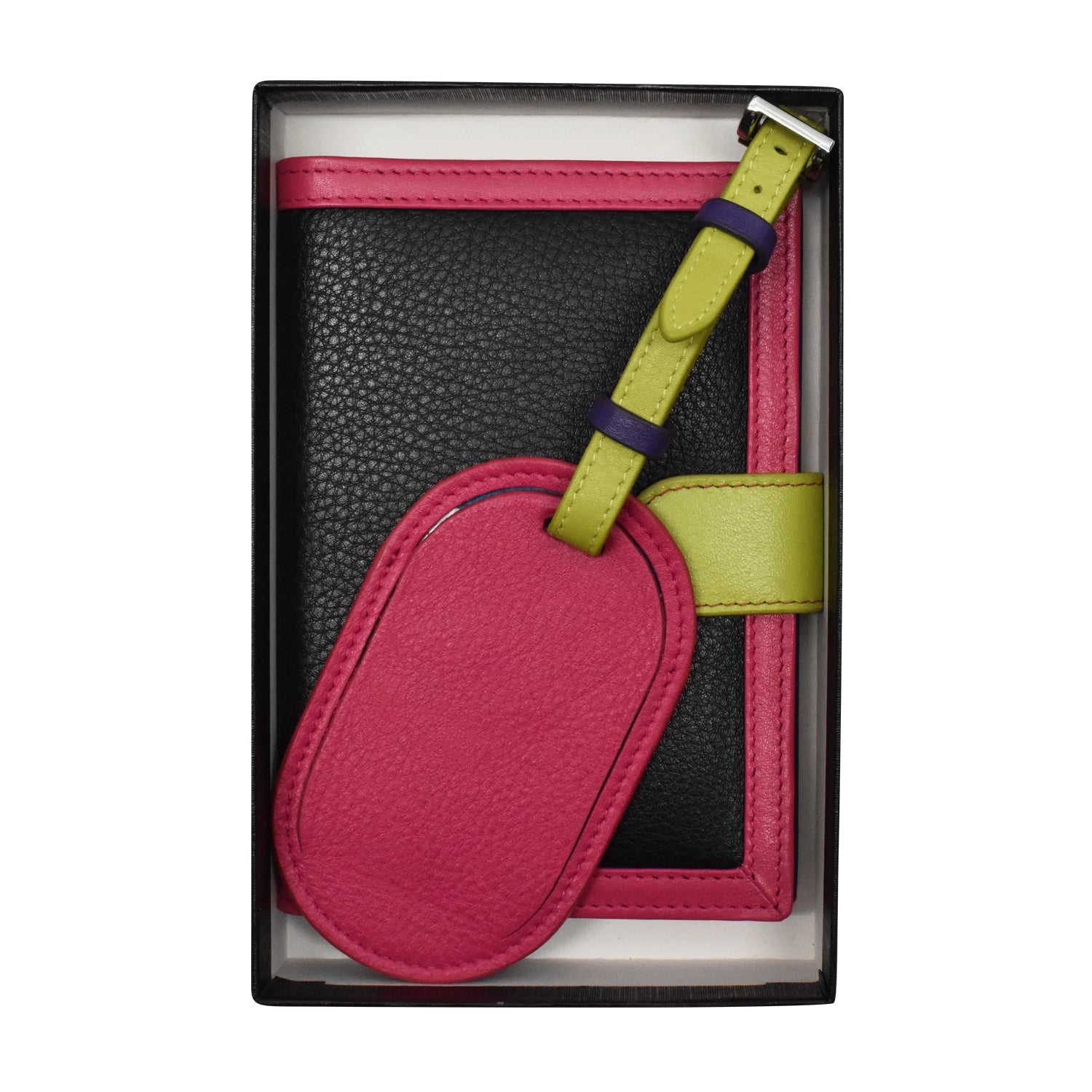 Pink luggage tag with green strap in a black box on a white background