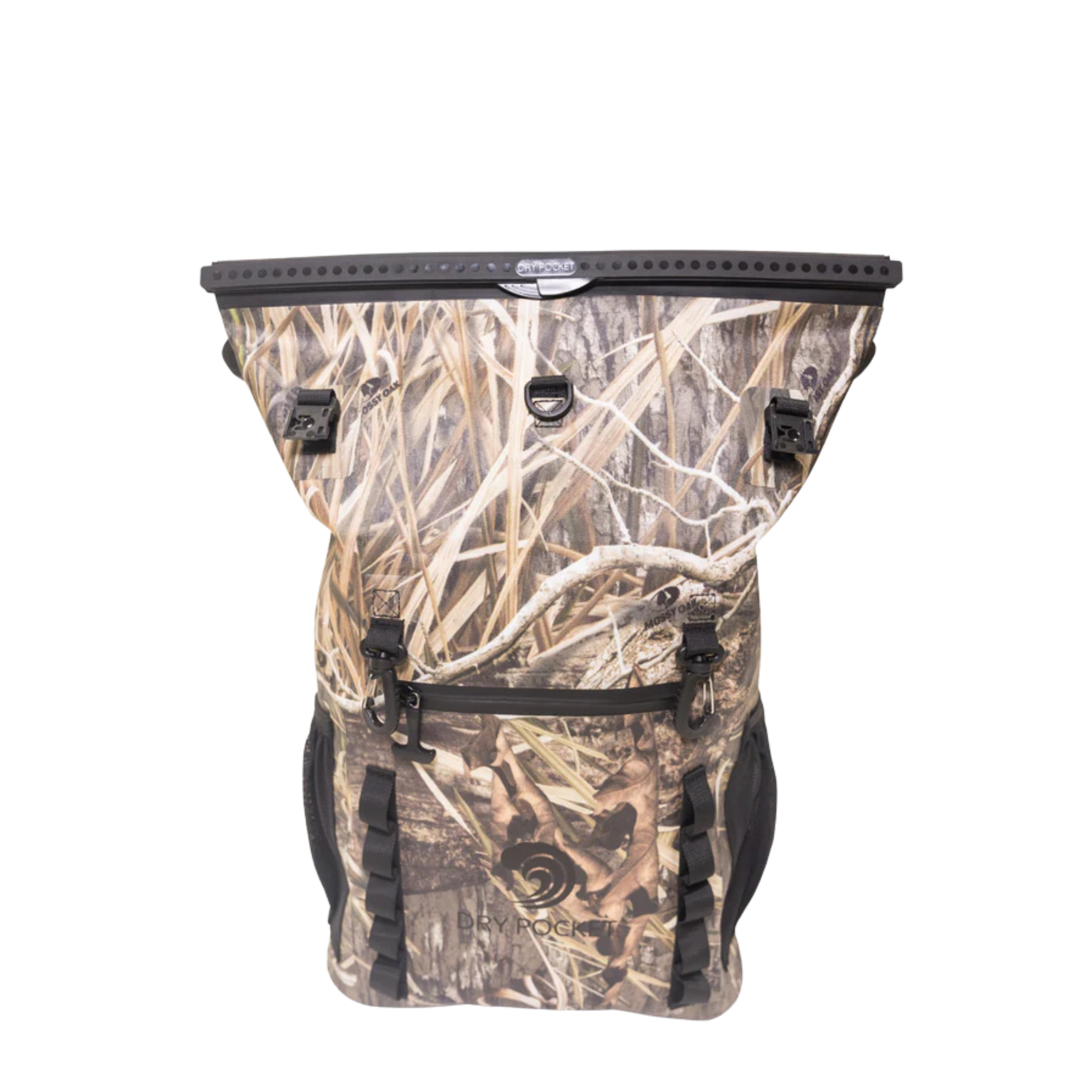 Camouflage backpack with black accents on a white background