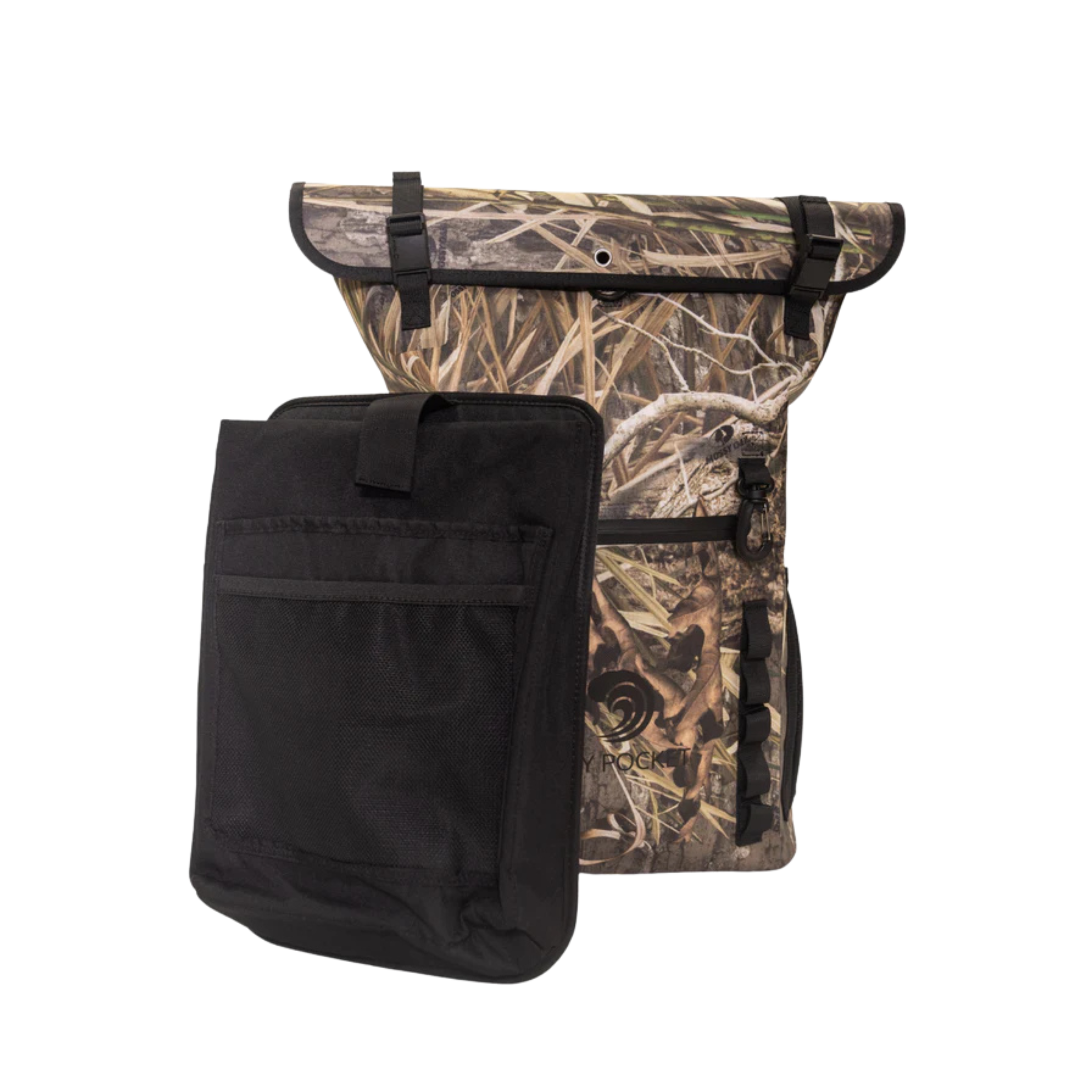 Camouflage backpack and black pouch on a white background
