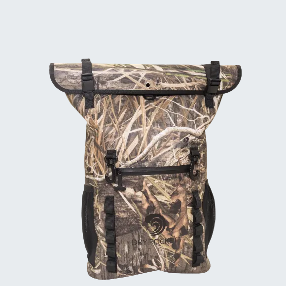 Camouflage-patterned backpack with black straps on a white background