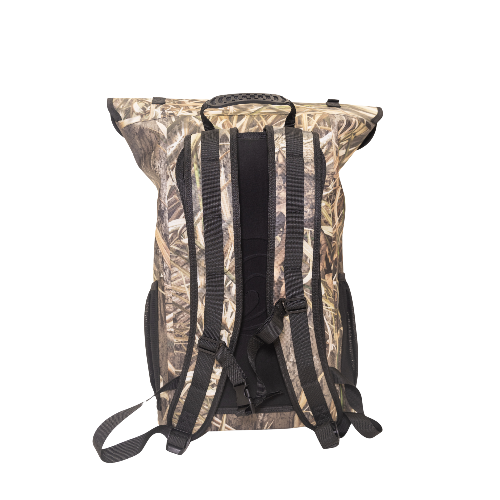Camouflage-patterned backpack with black straps on a white background