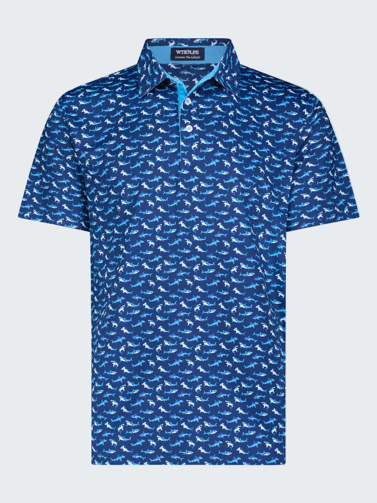Blue patterned polo shirt on a white background