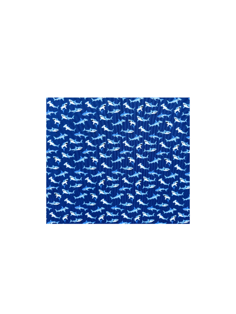 Blue fabric with white shark pattern on a white background