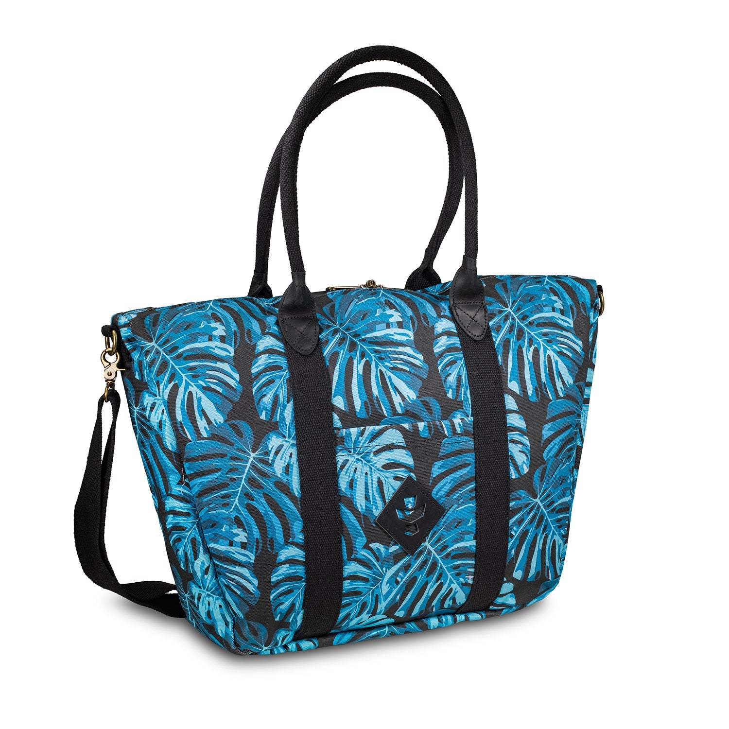 Blue leaf-patterned handbag with black straps on a white background