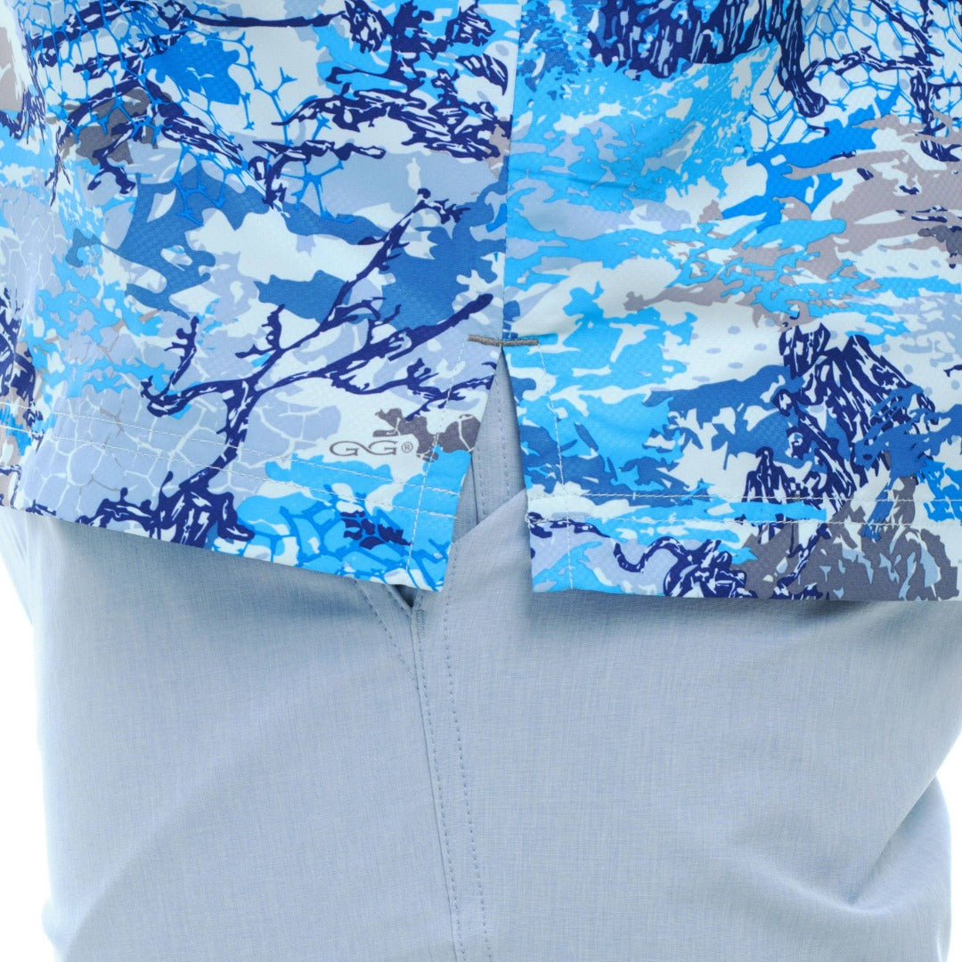 Close-up of a blue and gray camouflage pattern on a product label.
