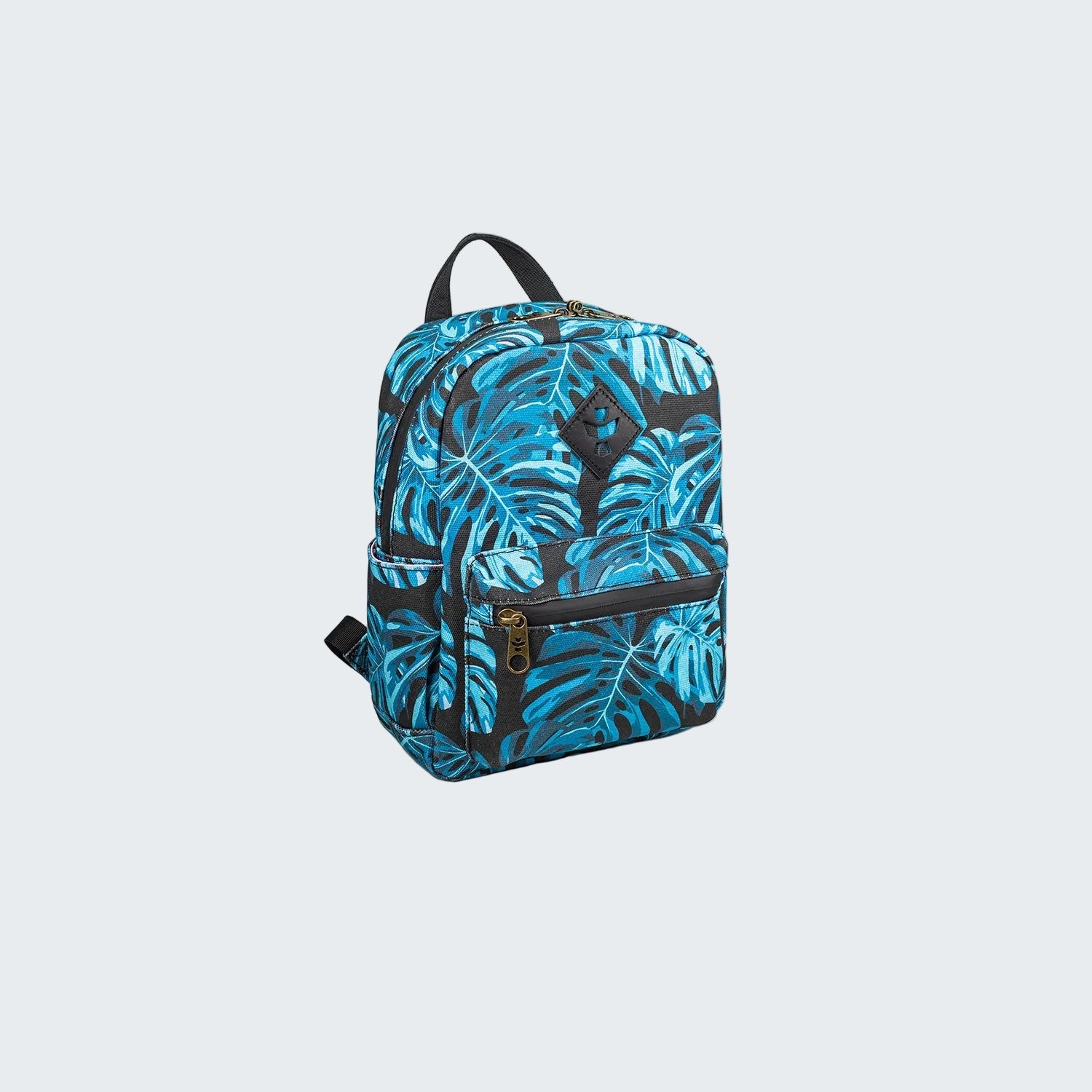 Blue backpack with leaf pattern on a white background