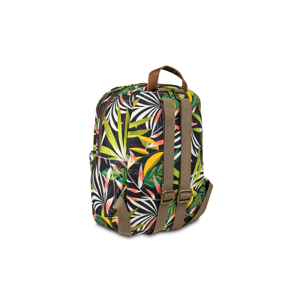 Backpack with tropical leaf pattern on a white background