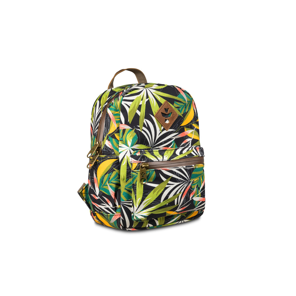 Backpack with tropical leaf pattern on a white background