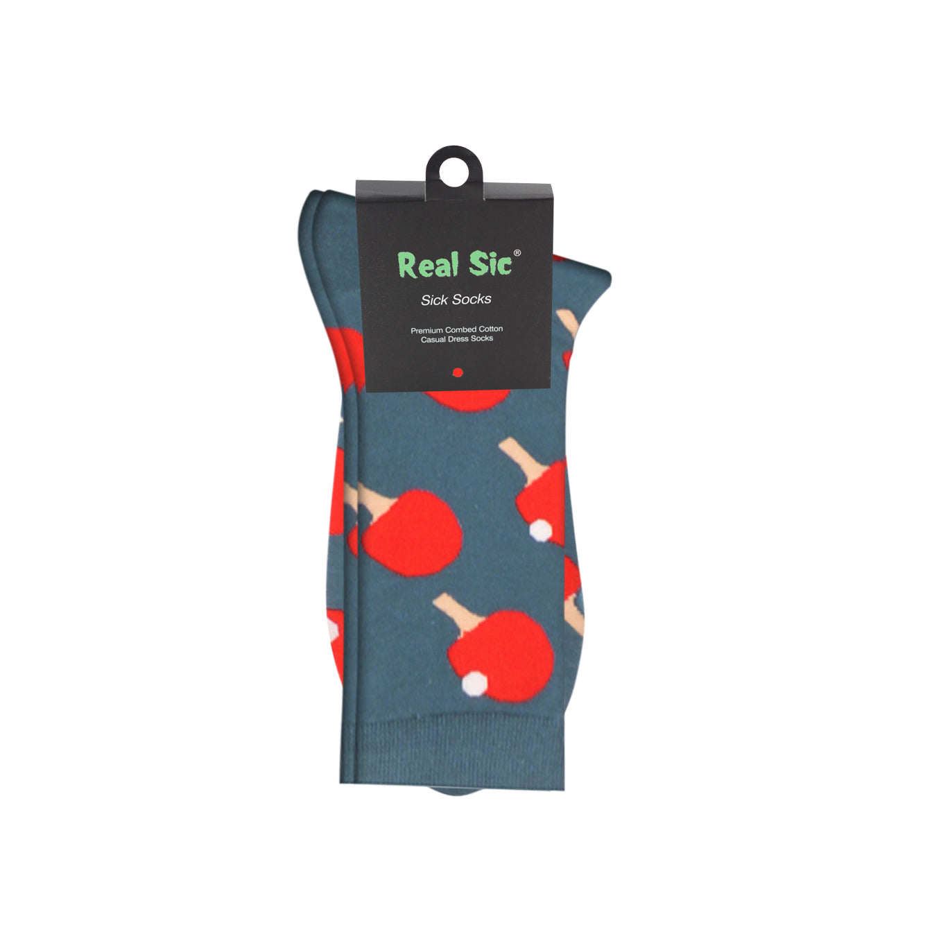 Packaged socks with ping pong design and 'Real Sic' label on a white background