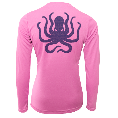 Pink long-sleeve shirt with a purple octopus design on the back against a white background