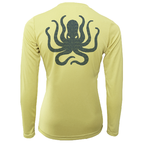 Yellow long-sleeve shirt with an octopus design on the back against a white background