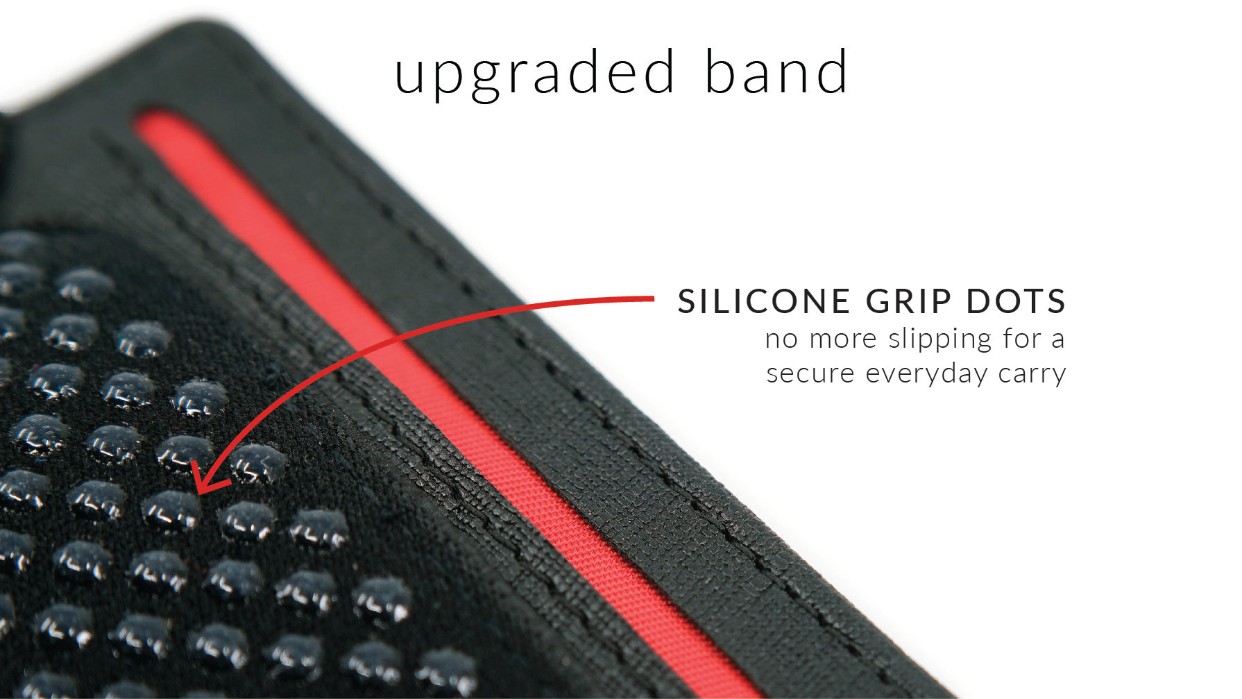 Close-up of a black carrying case with red accent and silicone grip dots, labeled 'upgraded band' on a white background.