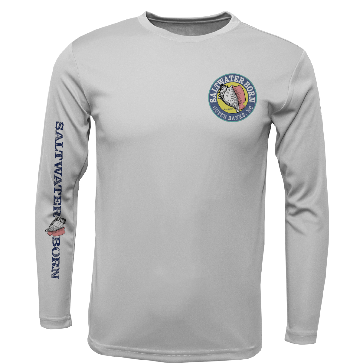 Gray long-sleeve shirt with 'Saltwater Born' logo and text on a white background