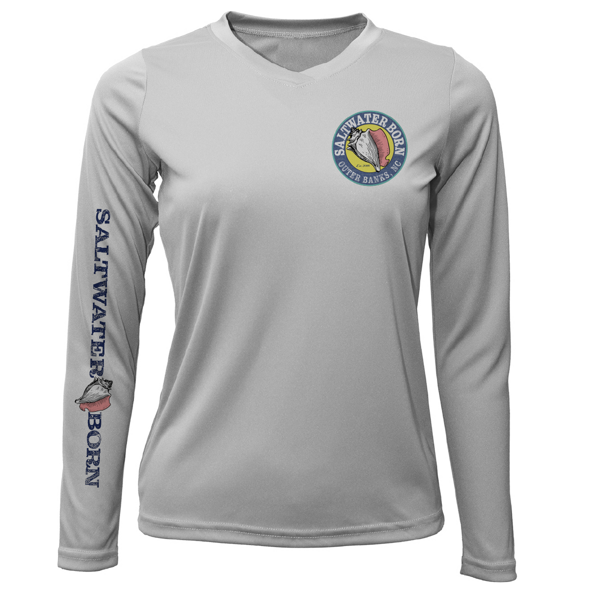 Gray long-sleeve shirt with 'Saltwater Born' logo and text on a white background