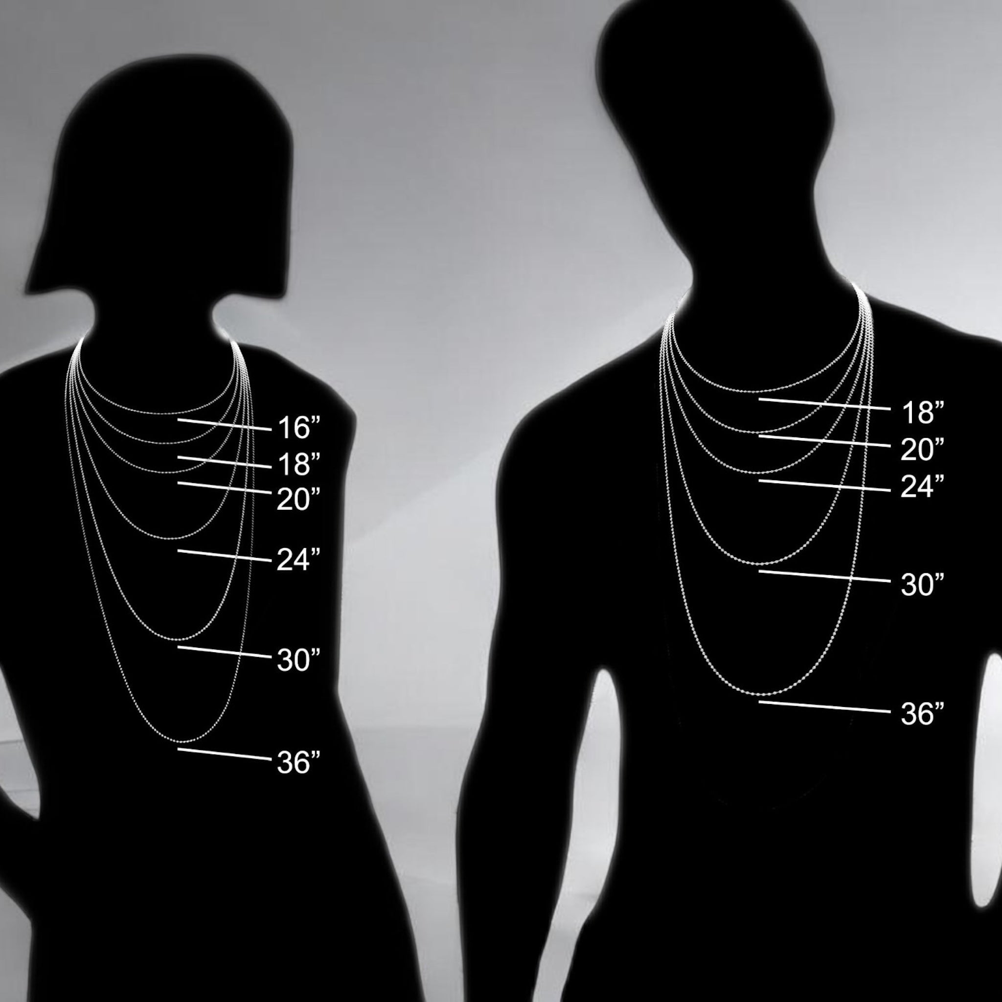 Silhouettes of two people with necklaces showing measurement lines on a gray background