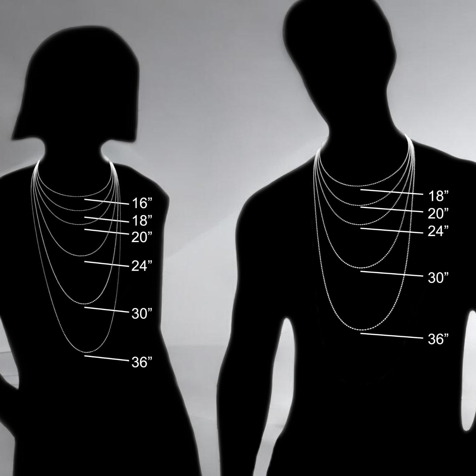 Silhouettes of two people with necklaces showing measurement lines on a gray background