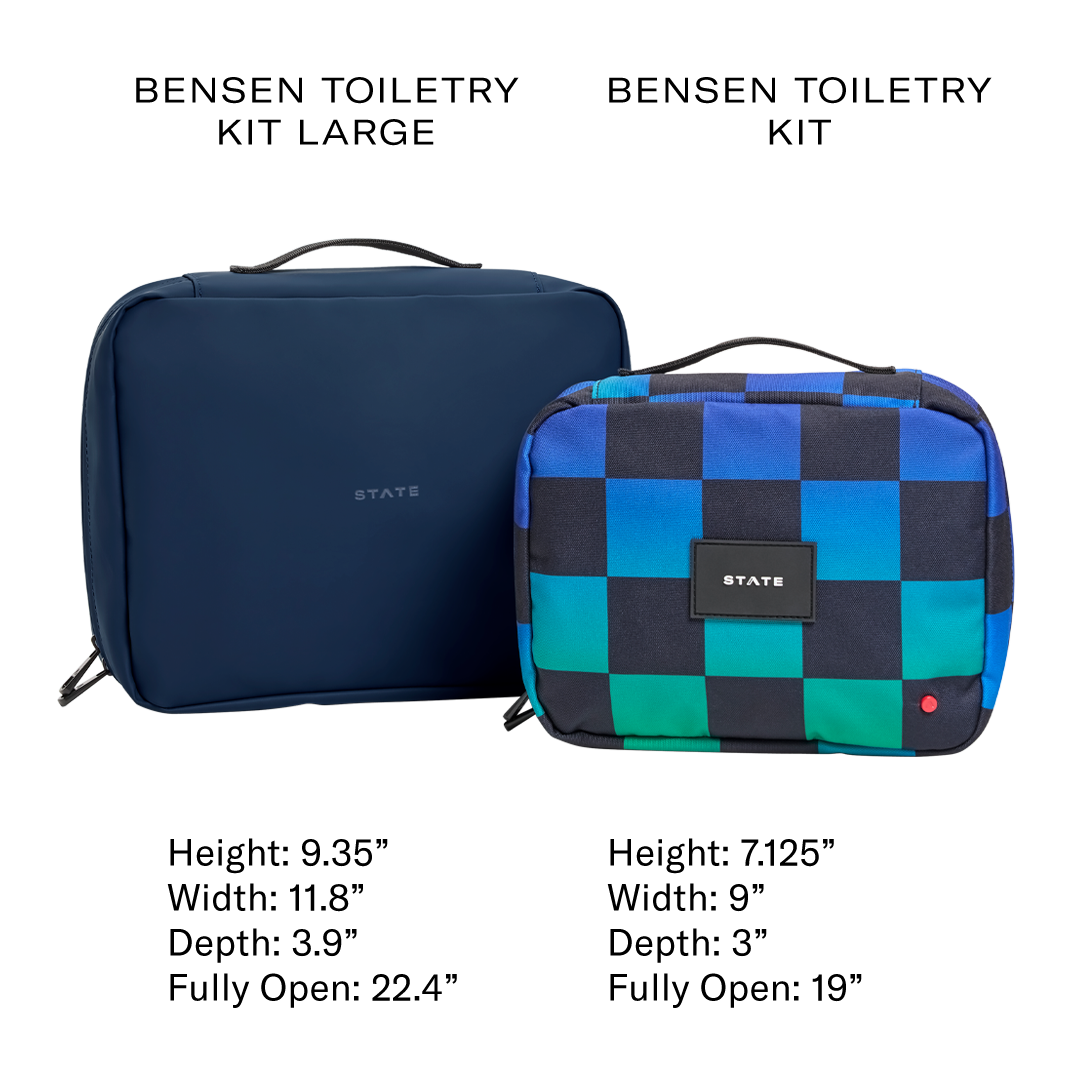 Two toiletry kits, one large navy and one medium checkered, with dimensions displayed.