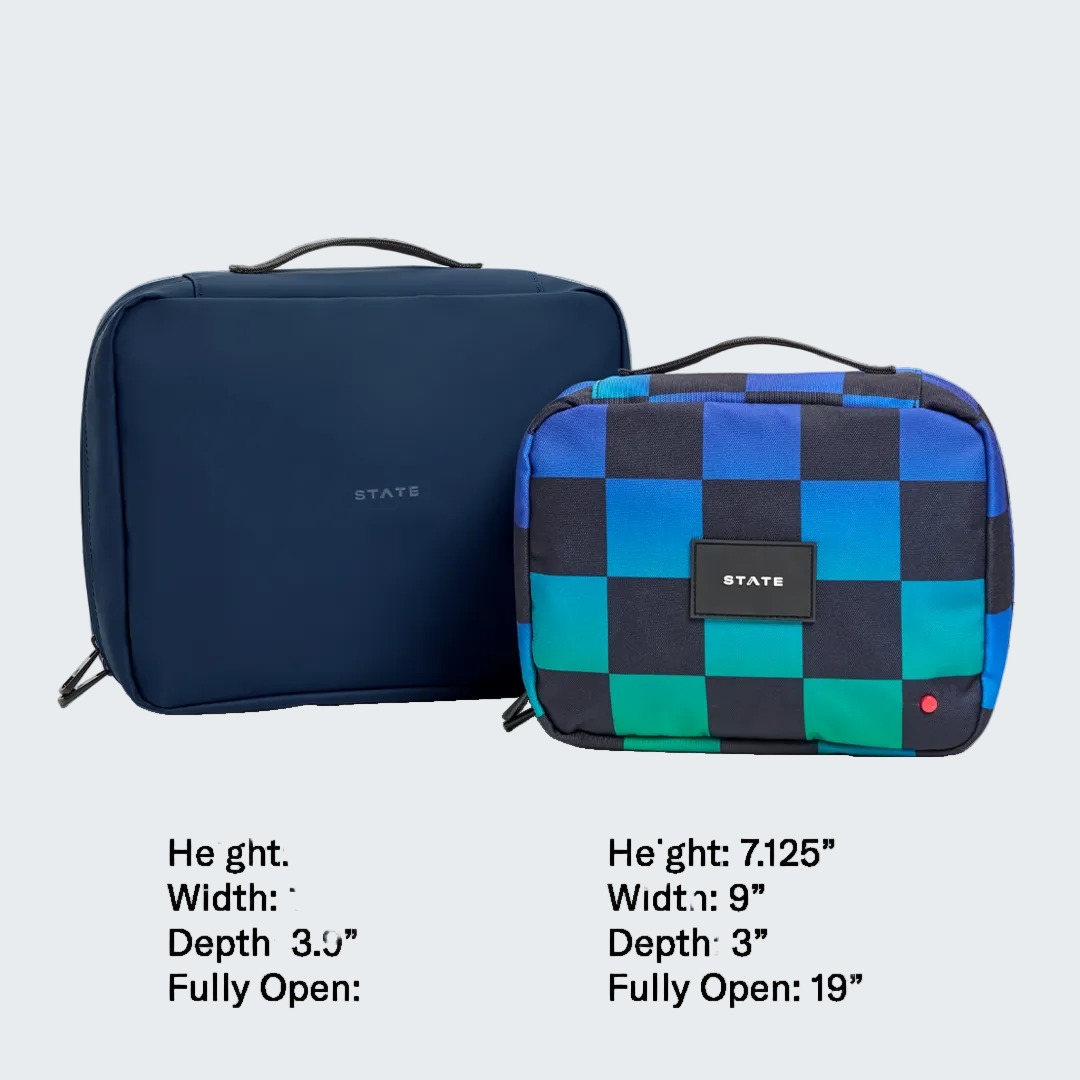 Two toiletry kits, one large navy and one medium checkered, with dimensions displayed.