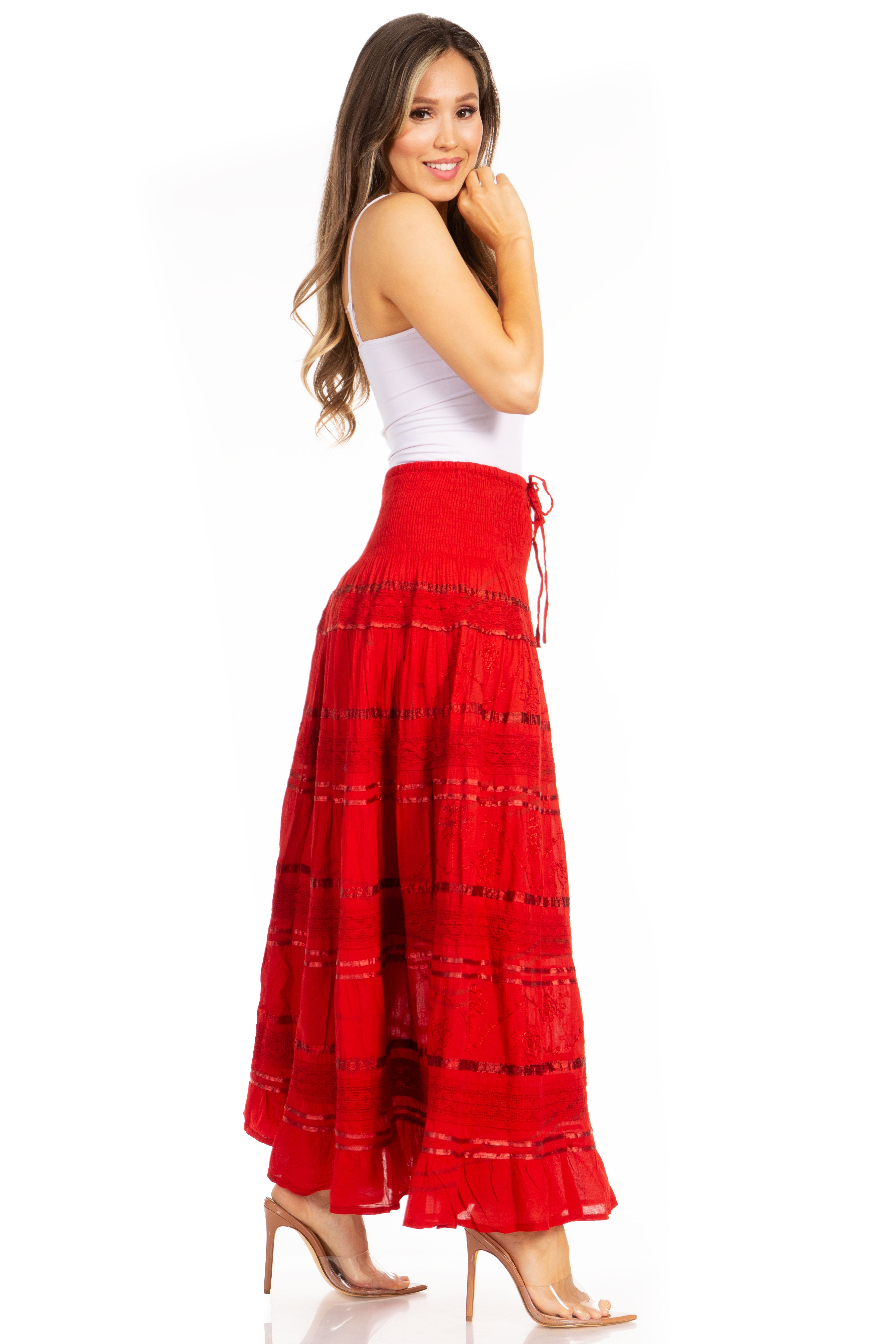 Woman wearing a red skirt with white background