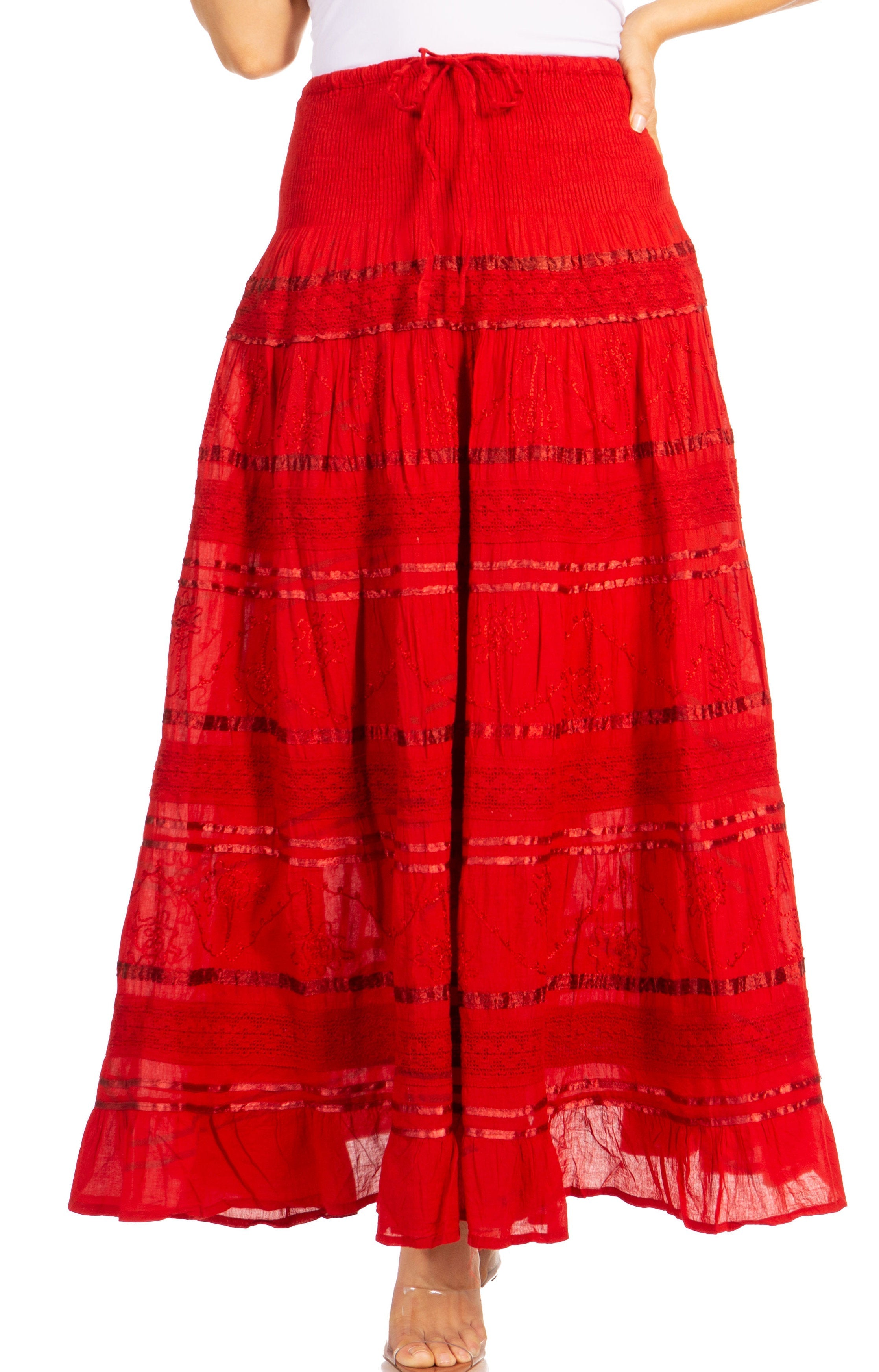 Red skirt with black patterns on a white background
