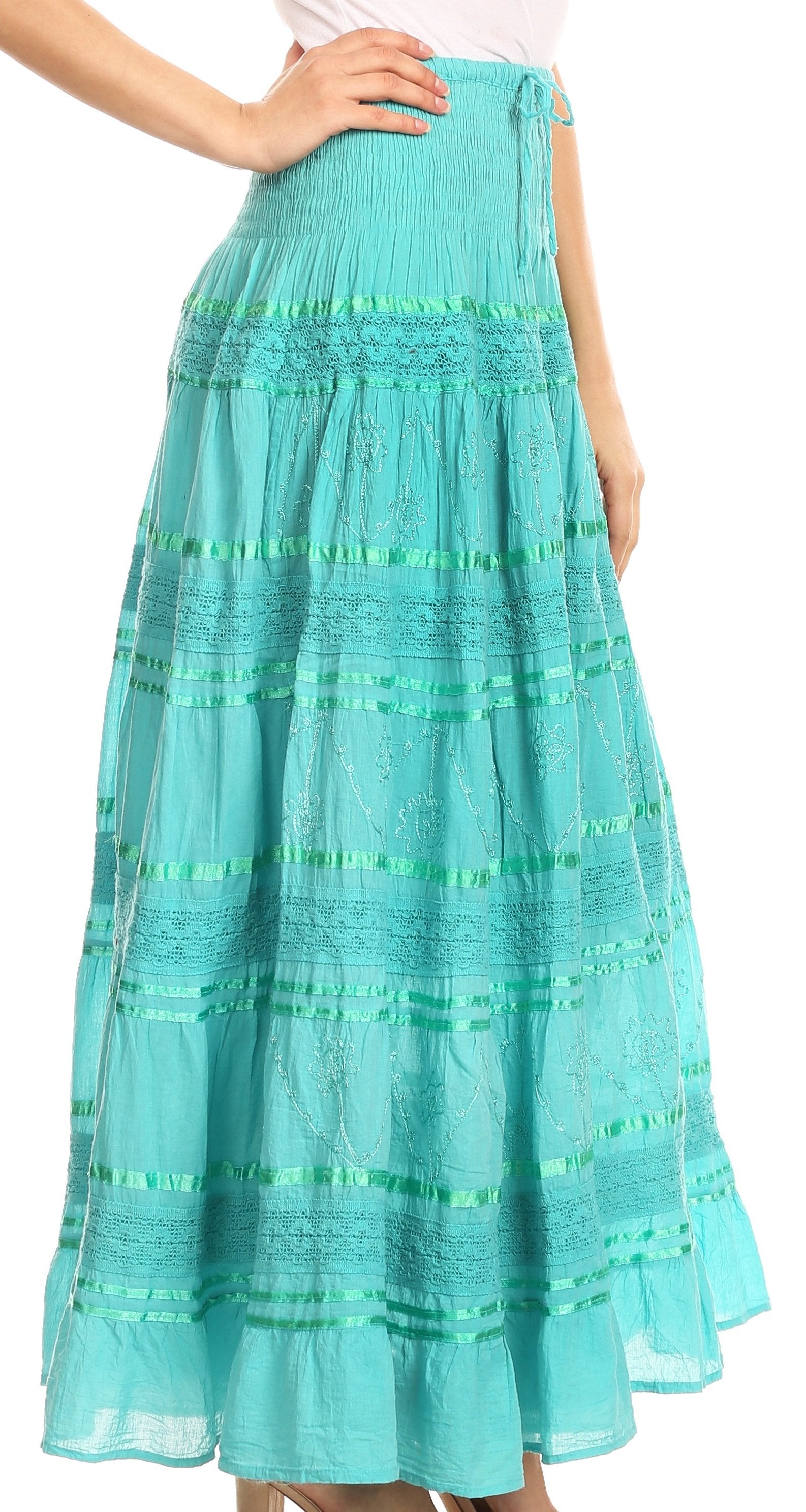 Turquoise skirt with green stripes on a white background