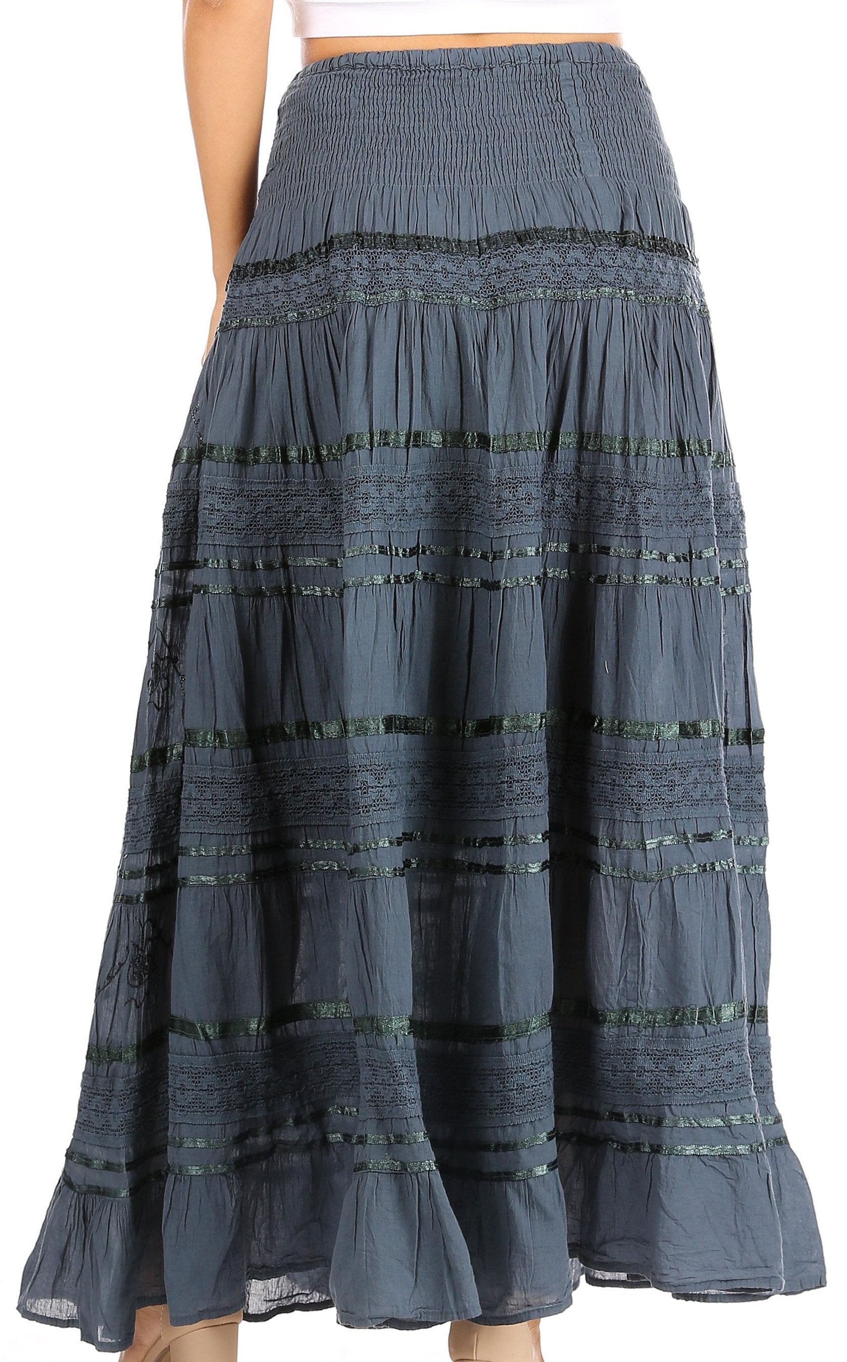 Long blue skirt with black trim on a white background