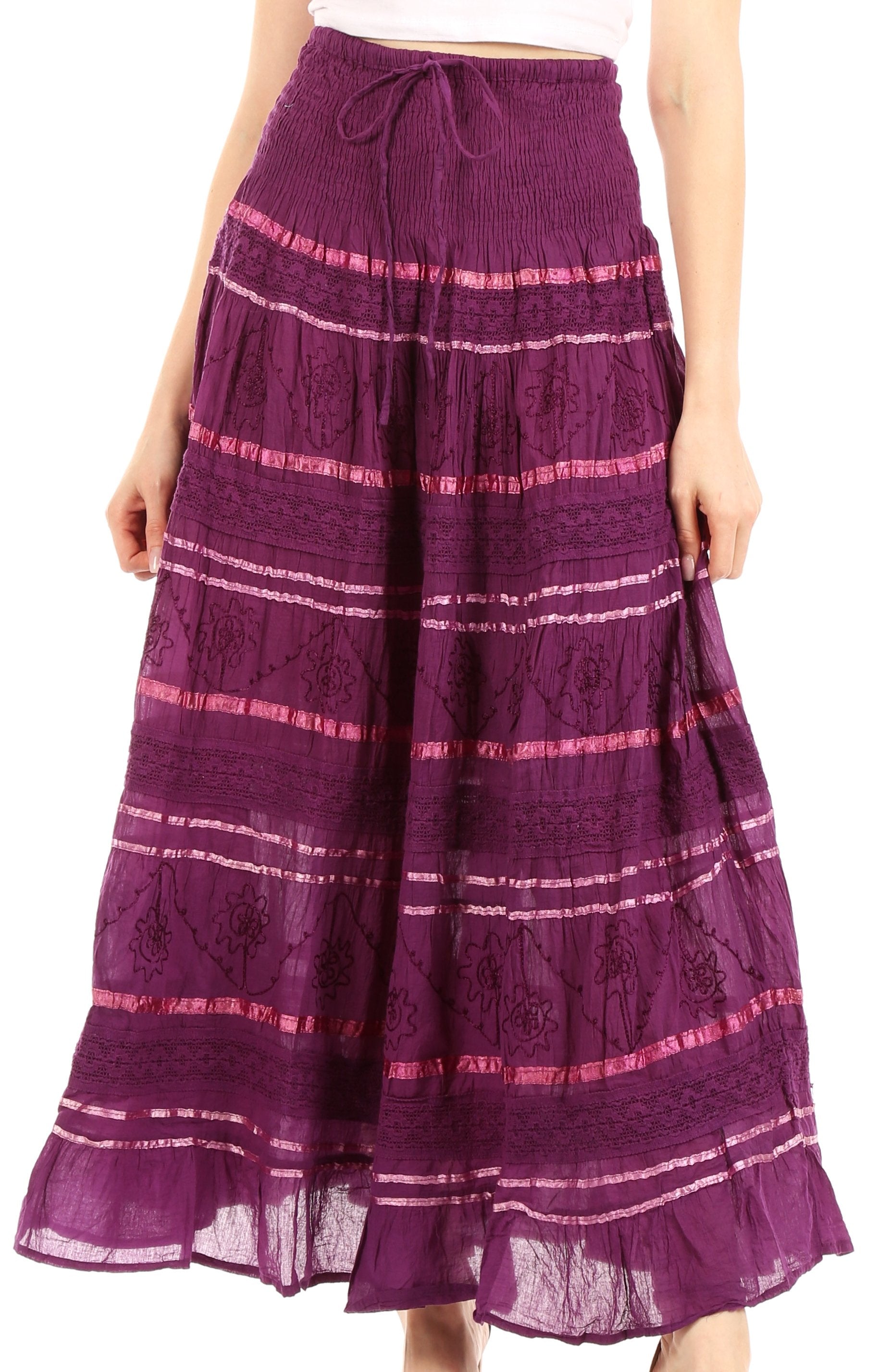 Purple striped skirt with drawstring waist on a white background