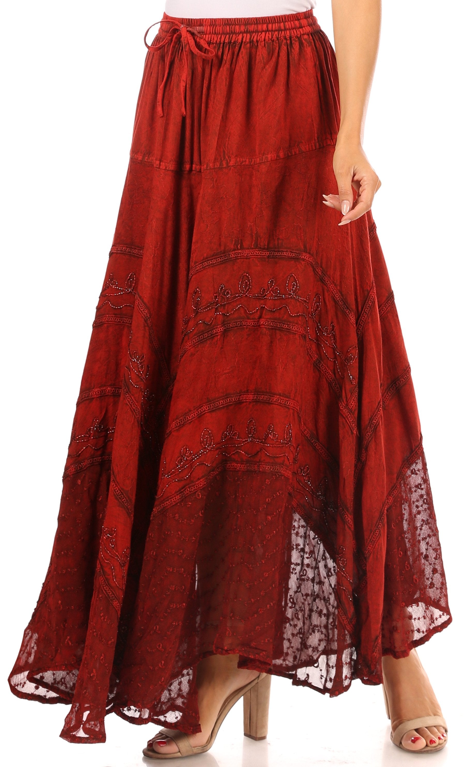 Red long skirt with lace details on a white background