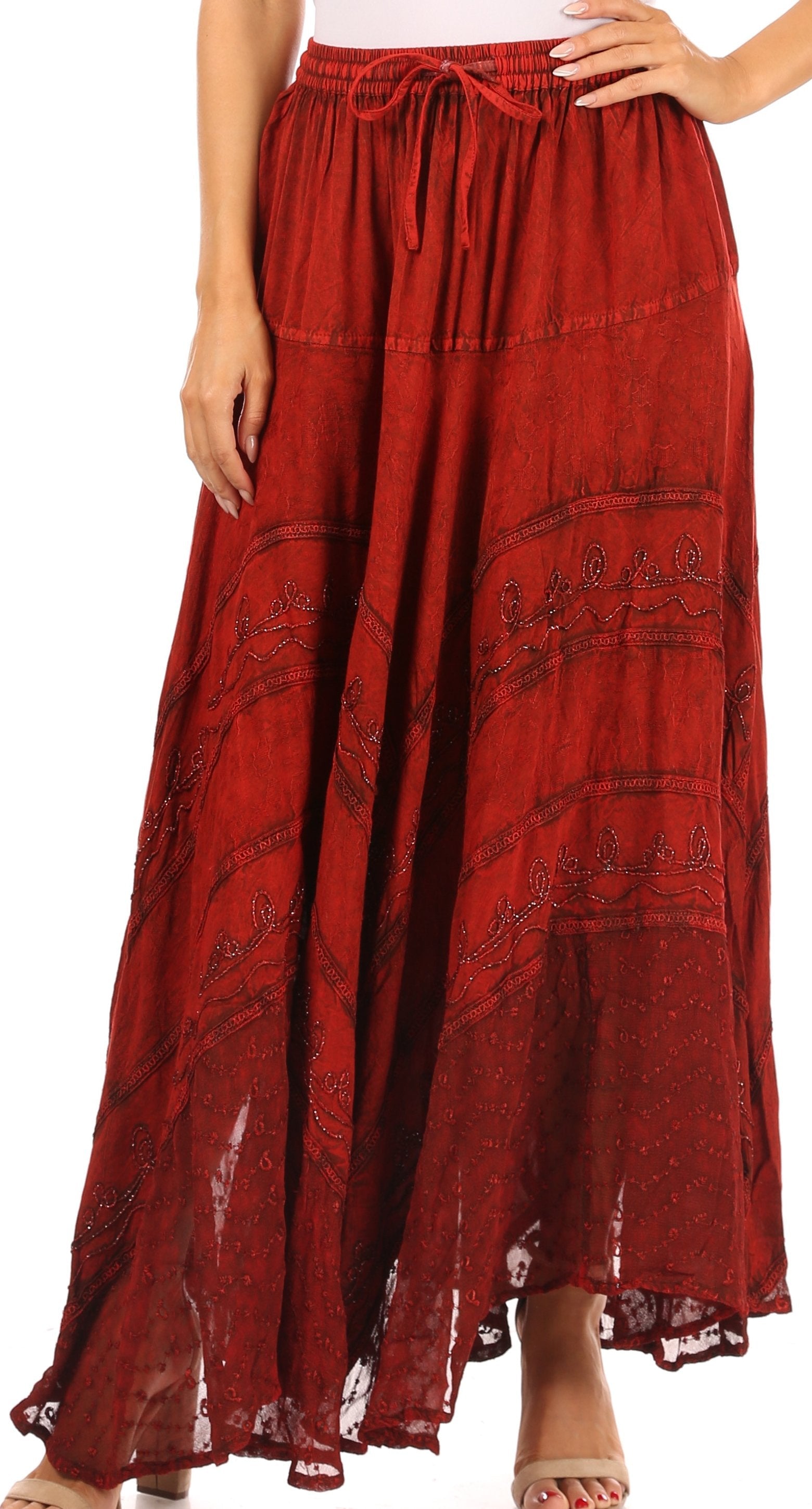 Red maxi skirt with subtle patterns on a white background